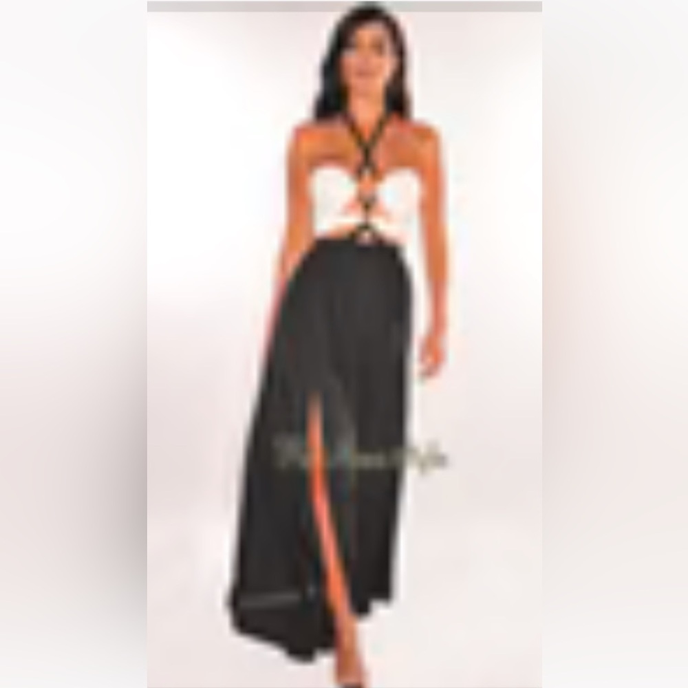 Black White Halter Lace Up Cut Out Slit Maxi Dress